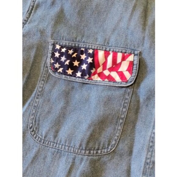 Vintage American Flag Denim Shirt Size Medium Fringe Trim Patriotic - Picture 3 of 12